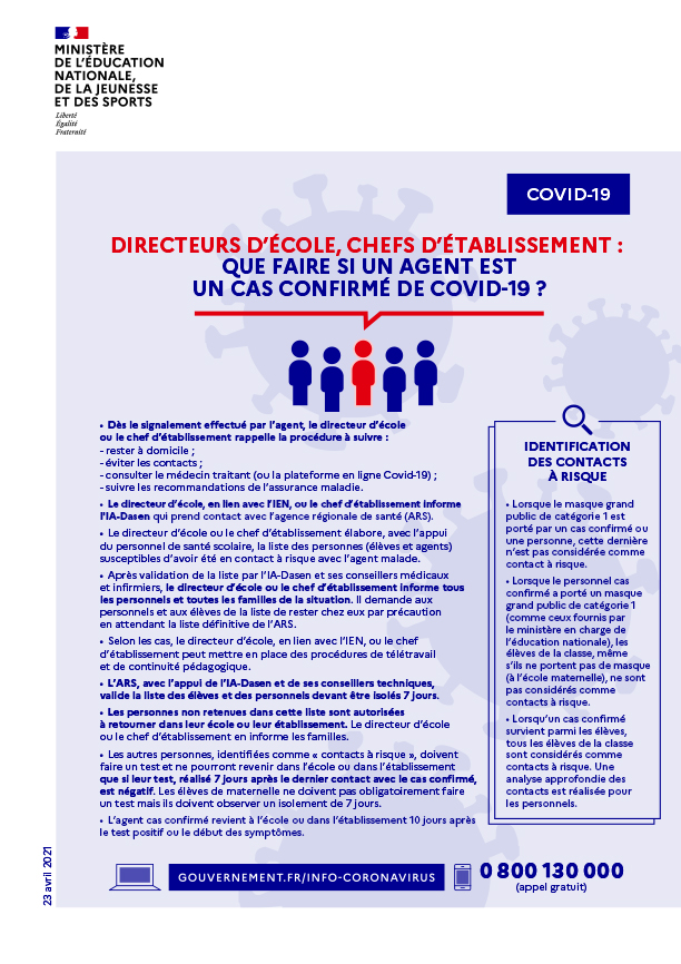 Directeurs d'école, chefs d'établissement : que faire si un agent est un cas confirmé de Covid-19 ?