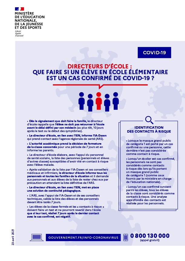 Infographie - Directeurs d'école : que faire si un élève en école élémentaire est un cas confirmé de Covid-19 ?