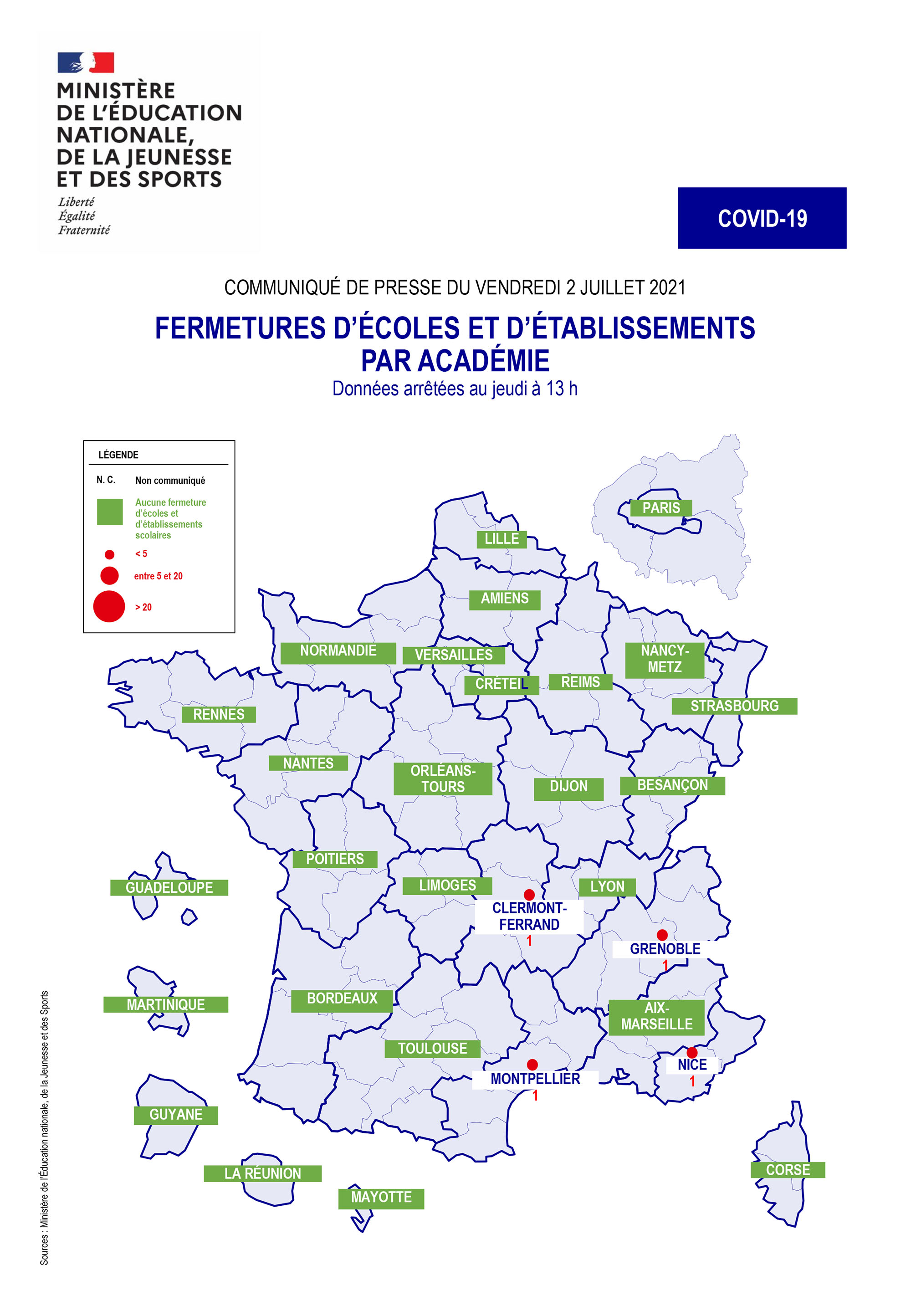 Fermetures d'écoles et d'établissements par académie