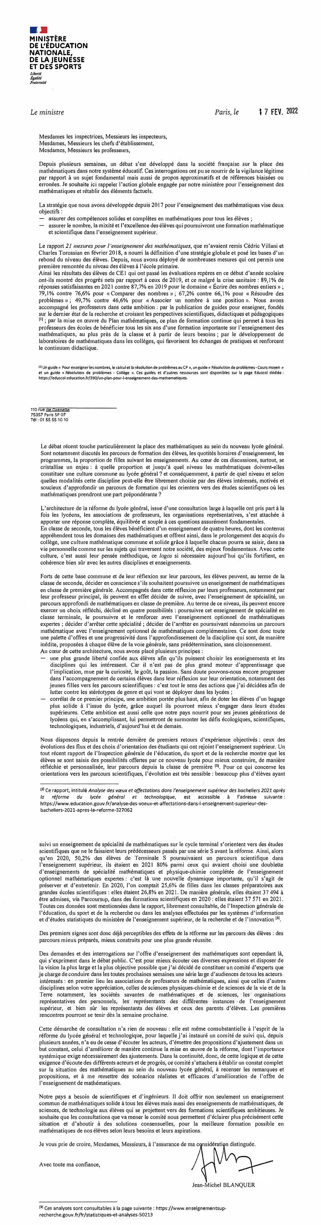 Lancement des travaux du comité de consultation sur l’enseignement des mathématiques au lycée général - lettre de Jean-Michel Blanquer