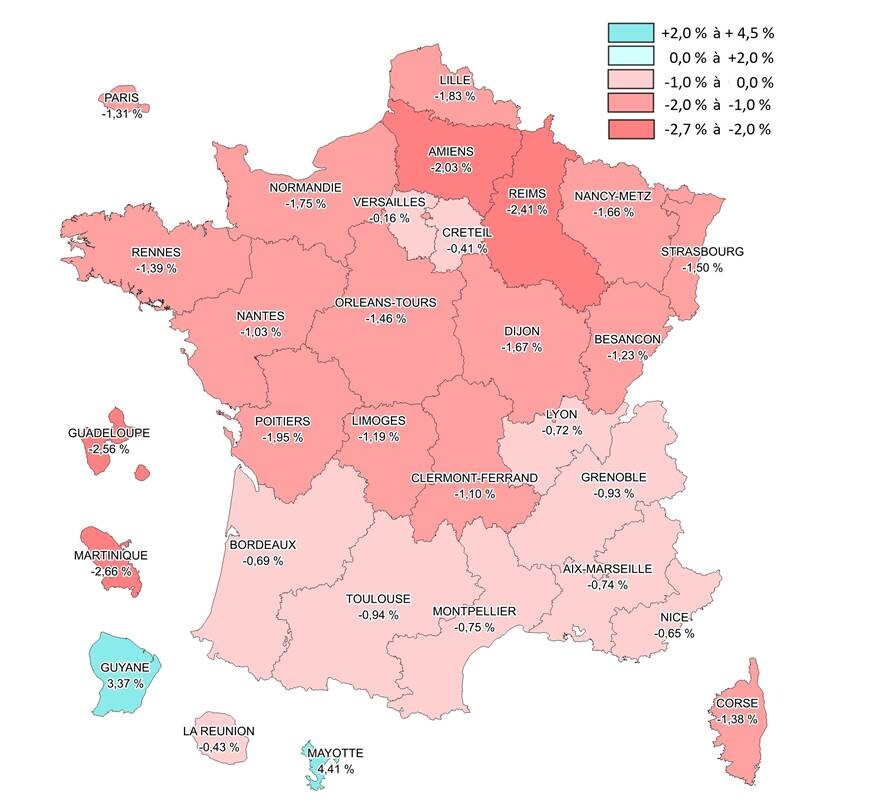 Carte - Évolution prévue des effectifs élèves dans le premier degré à la rentrée scolaire 2021