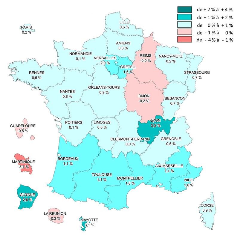 carte - Évolution prévue des effectifs élèves dans le second degré à la rentrée scolaire 2021