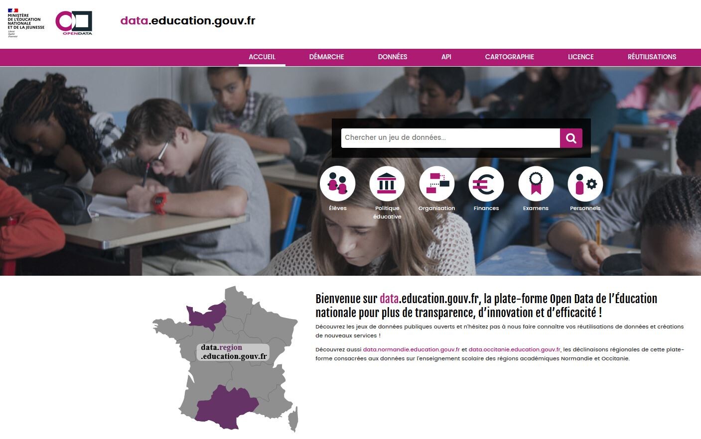 Ecran d'accueil data.education