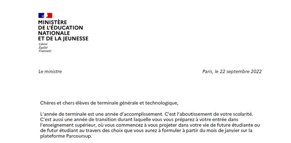 Lettre du ministre aux élèves de terminale générale et technologique
