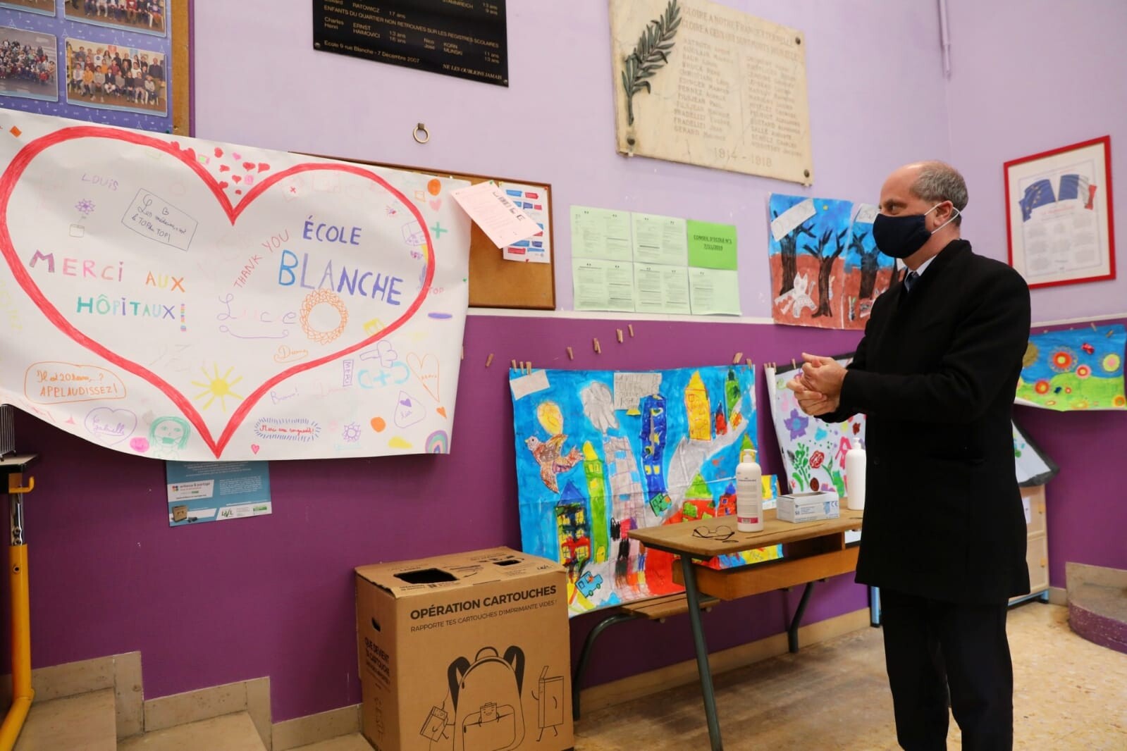 Déplacement de Jean-Michel Blanquer à l'école Blanche, Paris, 11 mai 2020