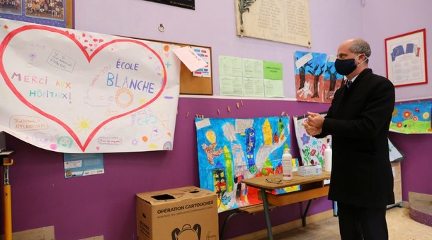 Déplacement de Jean-Michel Blanquer à l'école Blanche, Paris, 11 mai 2020