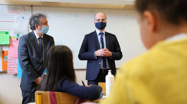 Déplacement de Jean-Michel Blanquer à l'école Blanche, Paris, 11 mai 2020